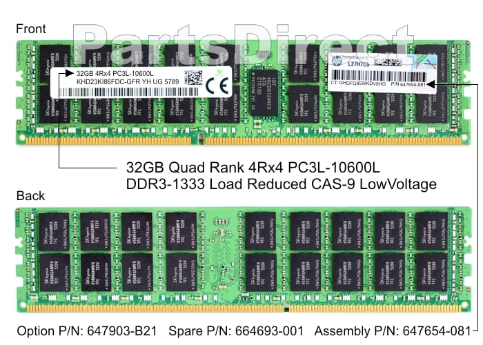 647903-B21 HP DL160 G8 32 ГБ четырехранговой памяти PC3L-10600L DDR3 с уменьшенной нагрузкой (1 x 32 ГБ)
