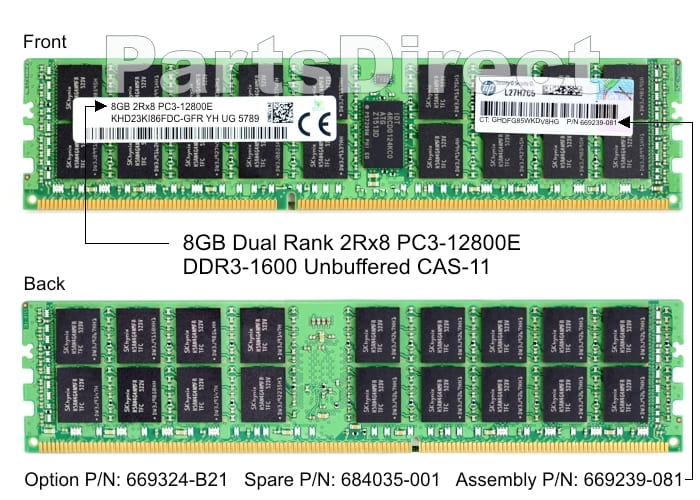 669324-B21 HP DL160 G8 8 ГБ двухранговой памяти PC3-12800E DDR3 без буферизации (1 x 8 ГБ)
